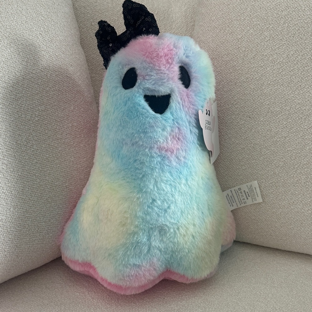 Goblin & Ghoul Colorful Tie Dye Plush Ghost with Bow Decor Pillow